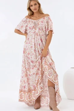Micalea Midi Dress - On or Off Shoulder Tie Back A Line Dress in Stacey Print><noscript><img width=