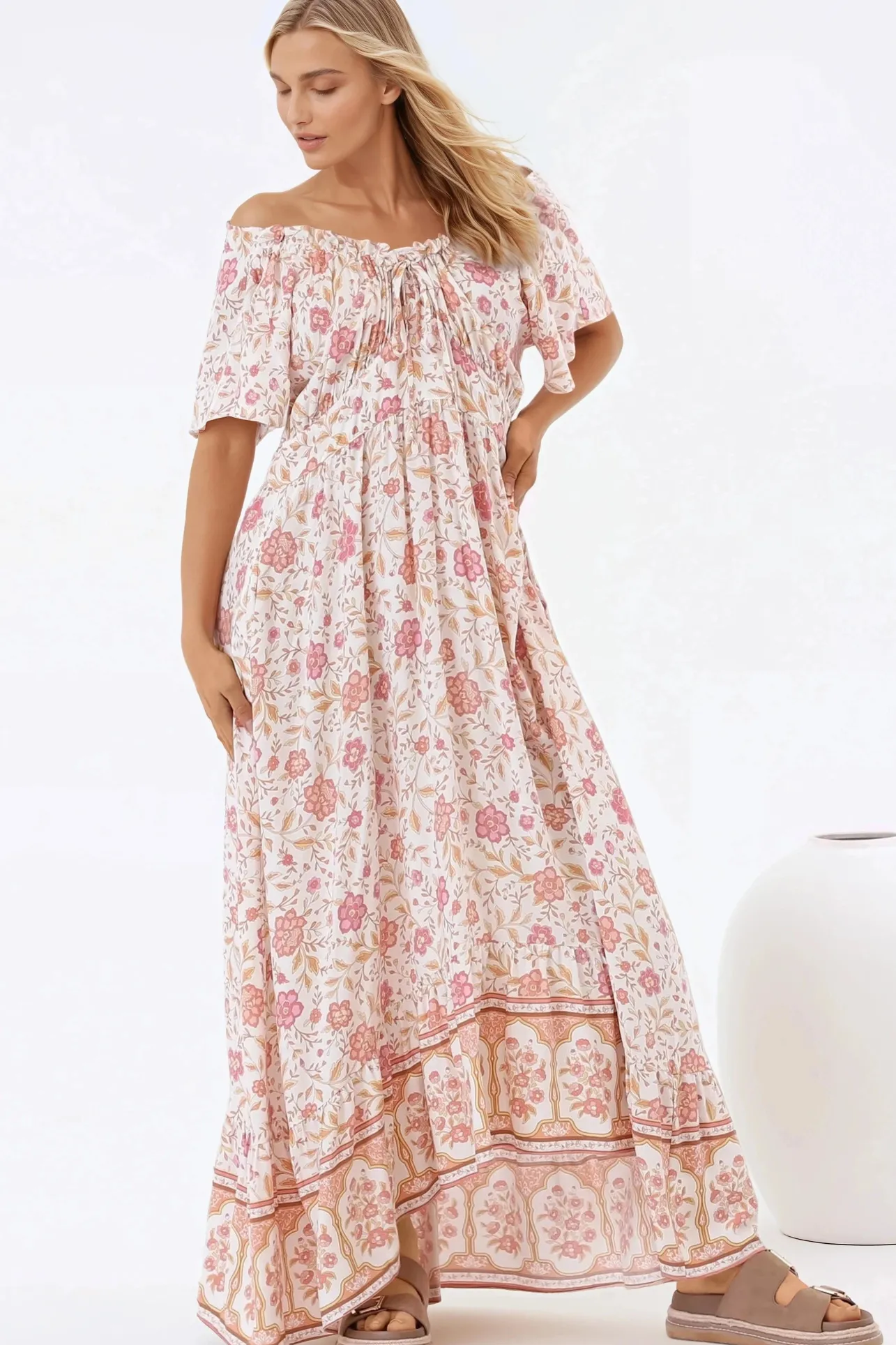 Micalea Midi Dress - On or Off Shoulder Tie Back A Line Dress in Stacey Print>Salty Crush Discount