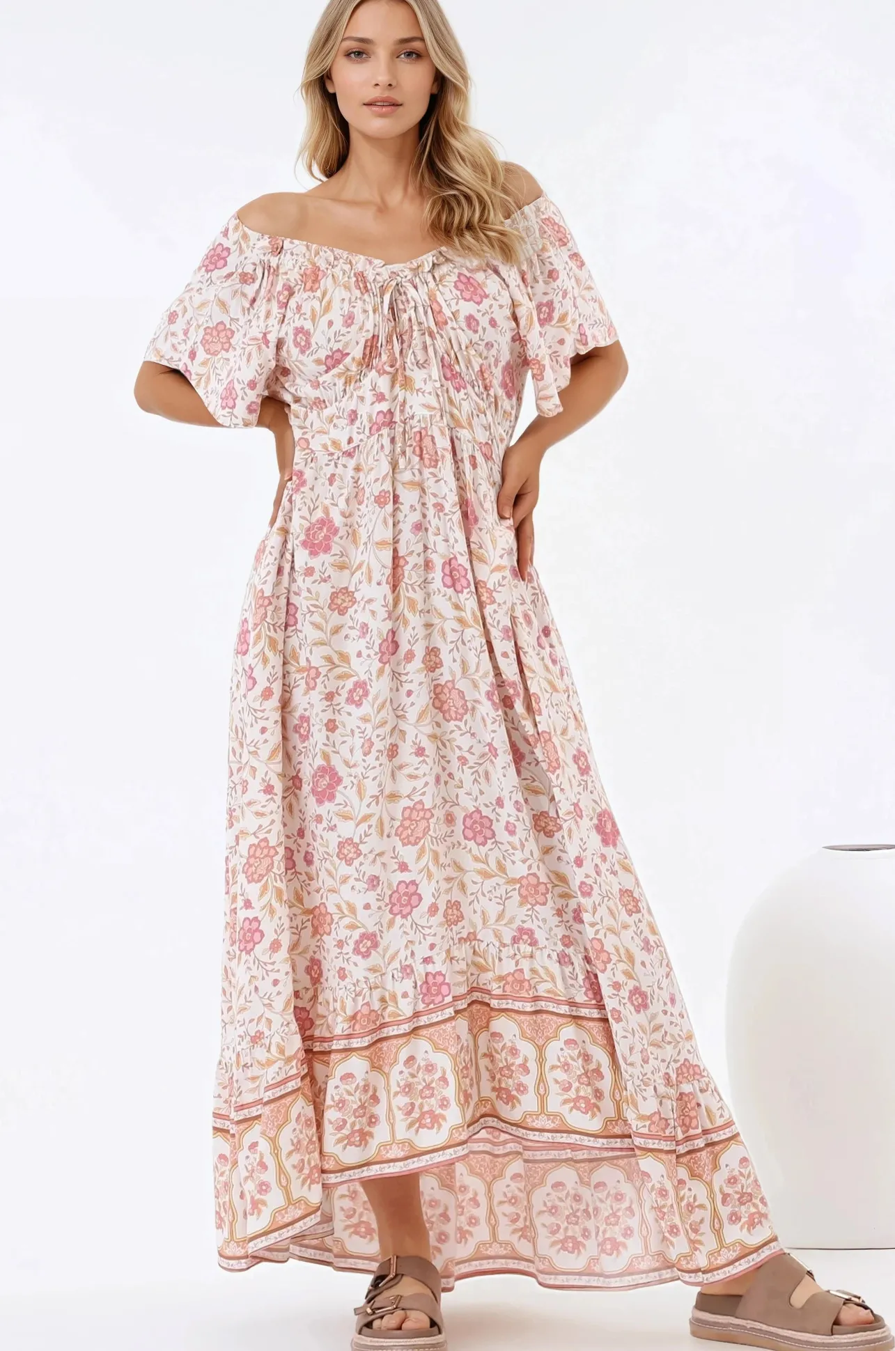 Micalea Midi Dress - On or Off Shoulder Tie Back A Line Dress in Stacey Print>Salty Crush Discount