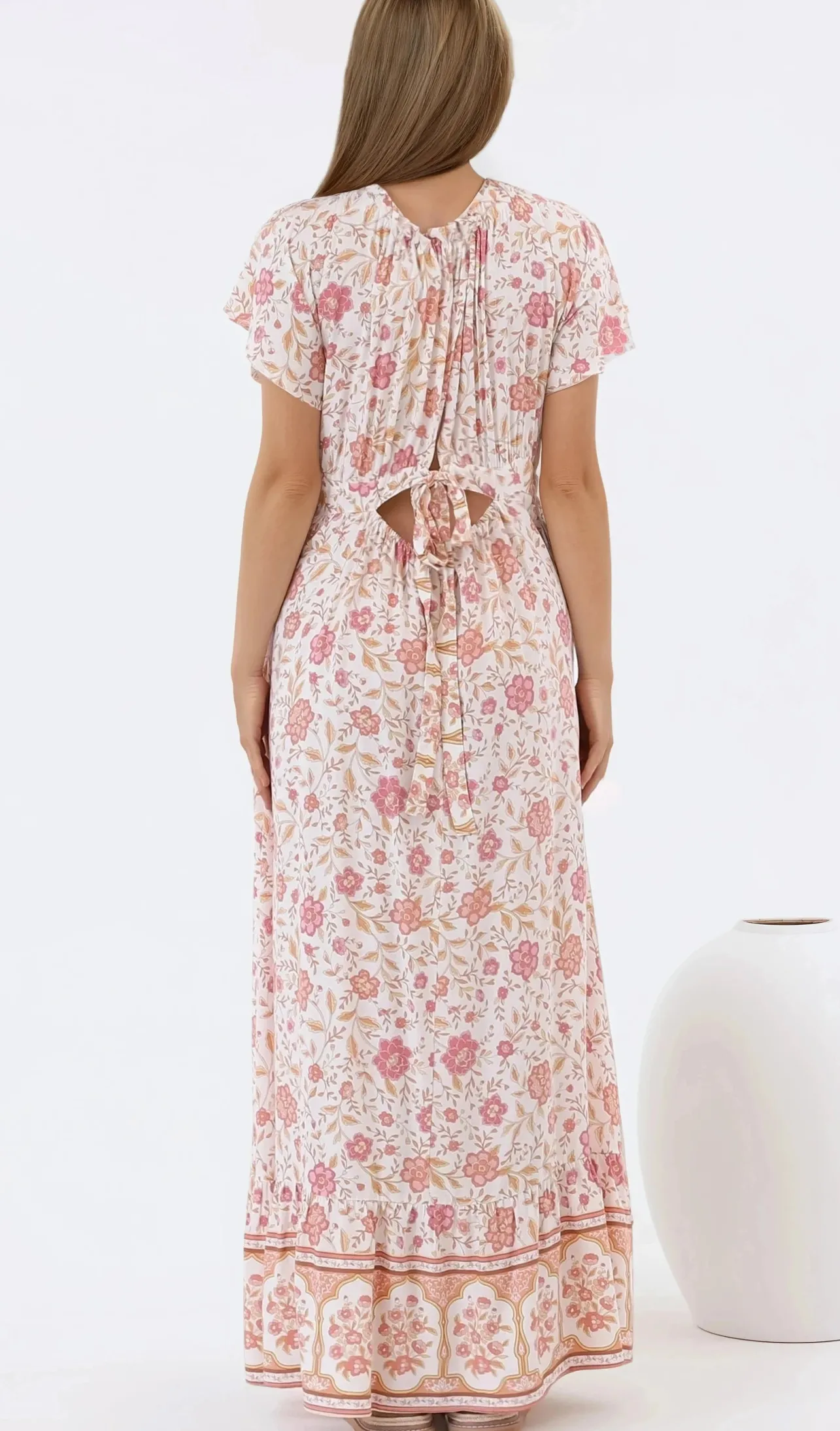 Micalea Midi Dress - On or Off Shoulder Tie Back A Line Dress in Stacey Print>Salty Crush Discount