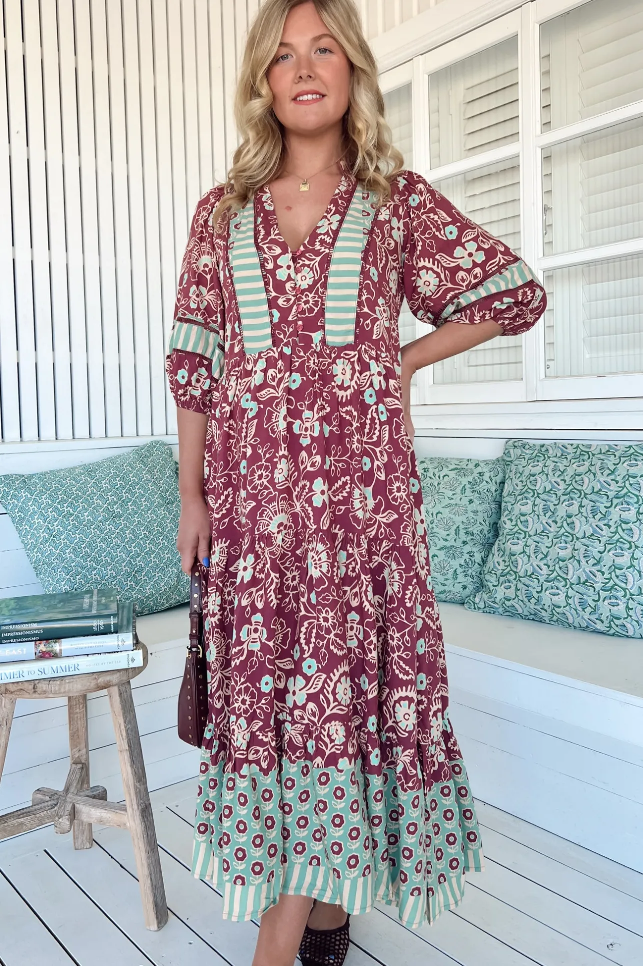 Mila Midi Dress - Mandarin Collar Buttoned Bodice Tiered Dress in Athena Print>Jaase Hot