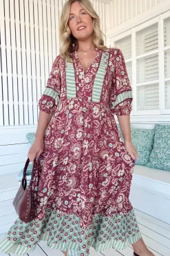 Mila Midi Dress - Mandarin Collar Buttoned Bodice Tiered Dress in Athena Print>Jaase Hot