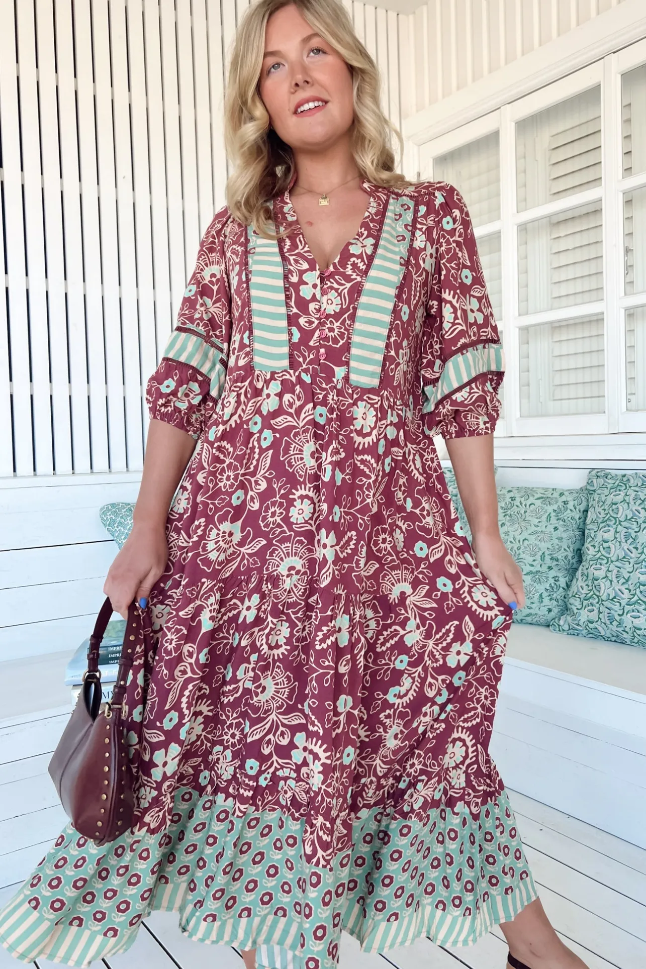 Mila Midi Dress - Mandarin Collar Buttoned Bodice Tiered Dress in Athena Print>Jaase Hot
