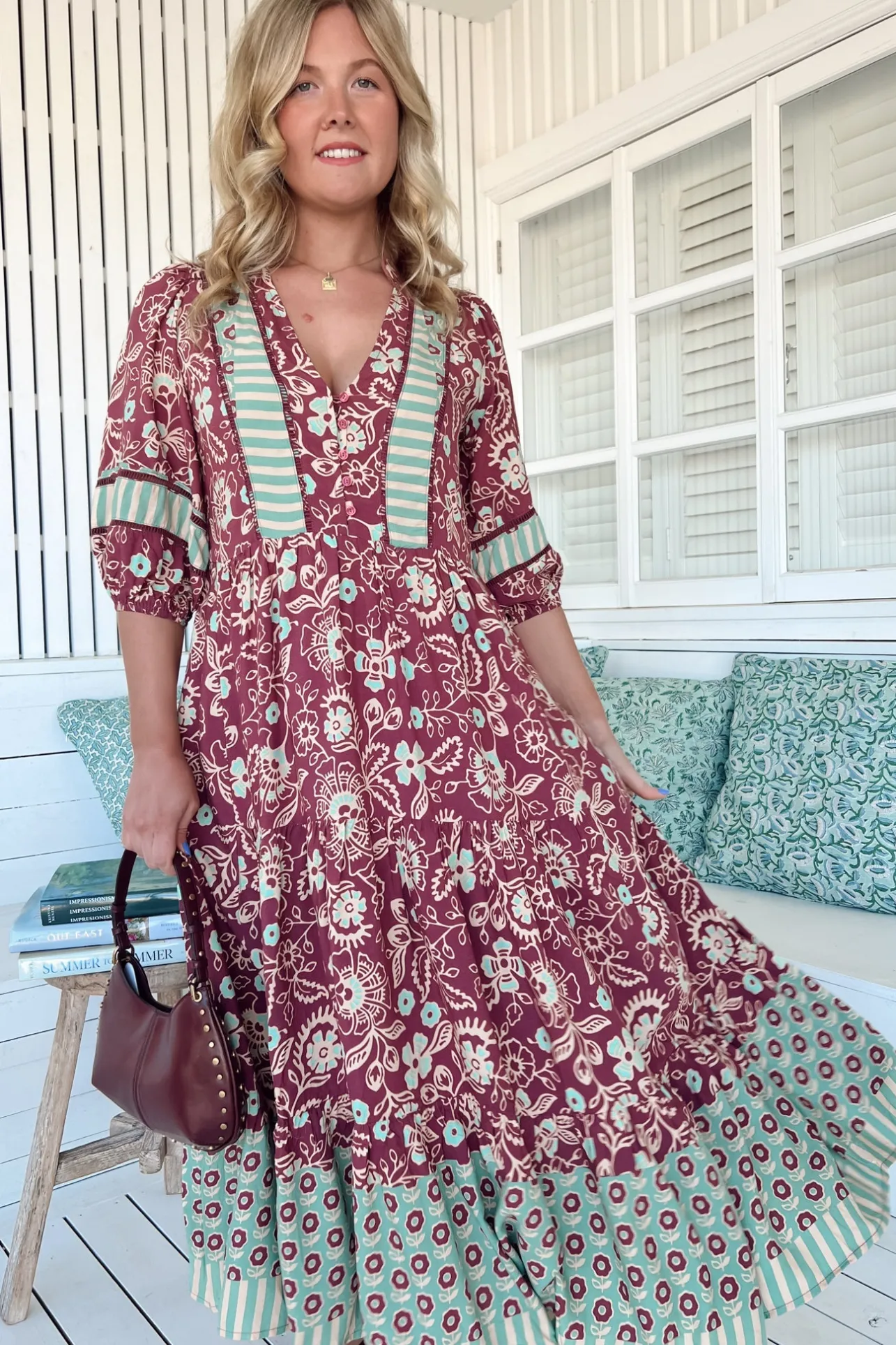 Mila Midi Dress - Mandarin Collar Buttoned Bodice Tiered Dress in Athena Print>Jaase Hot