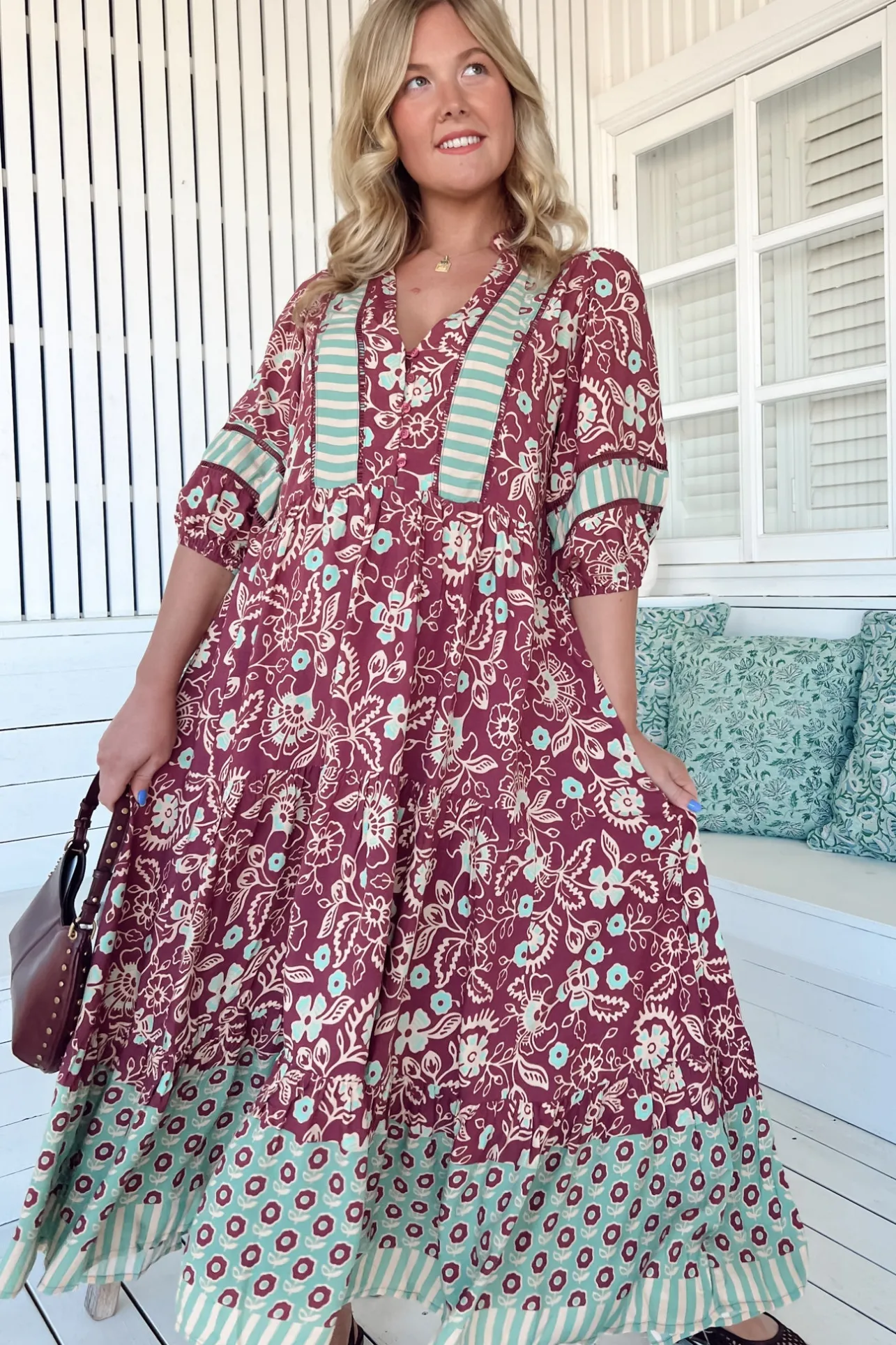 Mila Midi Dress - Mandarin Collar Buttoned Bodice Tiered Dress in Athena Print>Jaase Hot