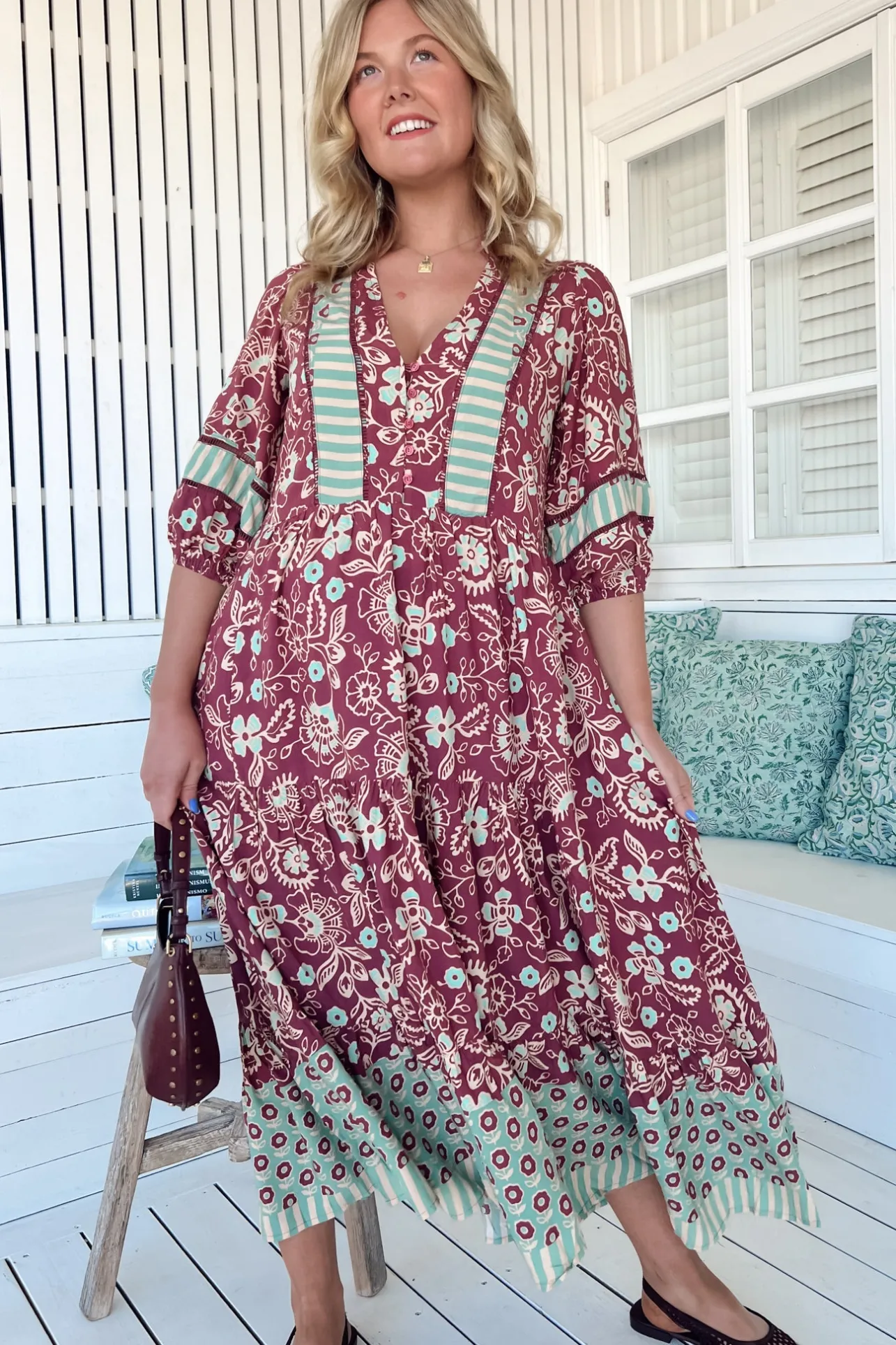Mila Midi Dress - Mandarin Collar Buttoned Bodice Tiered Dress in Athena Print>Jaase Hot