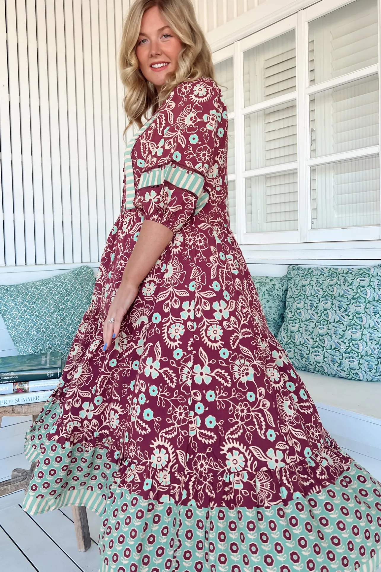 Mila Midi Dress - Mandarin Collar Buttoned Bodice Tiered Dress in Athena Print>Jaase Hot