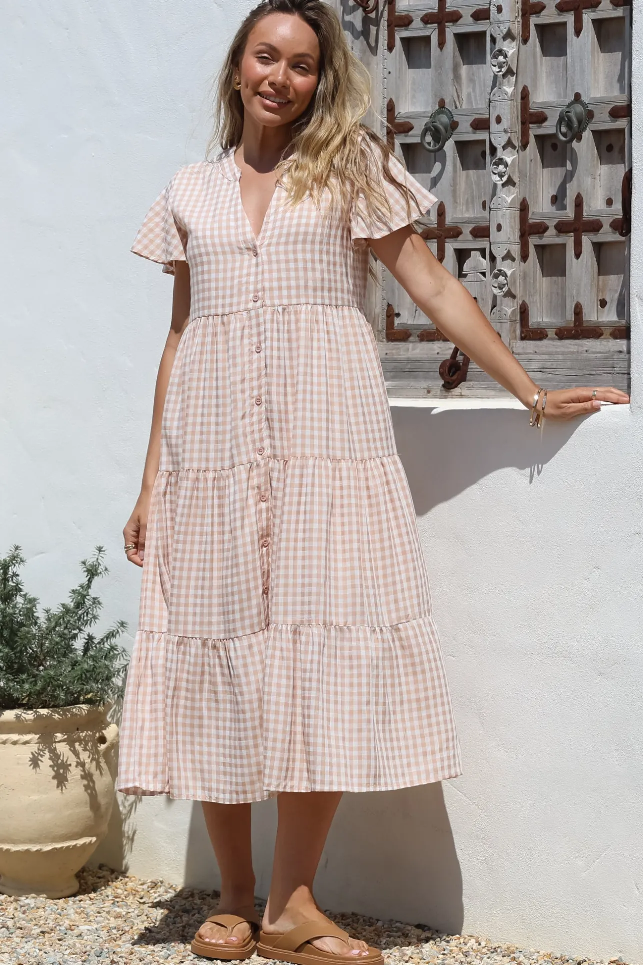 Milla Midi Dress - Tiered Button Down Dress in Gingham Mistee Print Beige>Salty Crush Hot