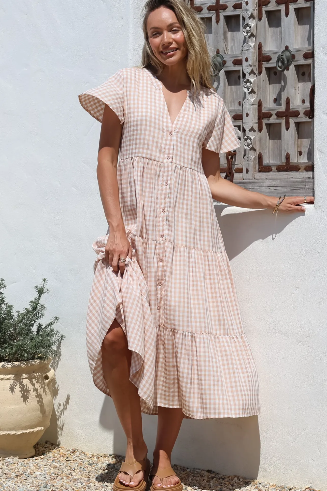 Milla Midi Dress - Tiered Button Down Dress in Gingham Mistee Print Beige>Salty Crush Hot