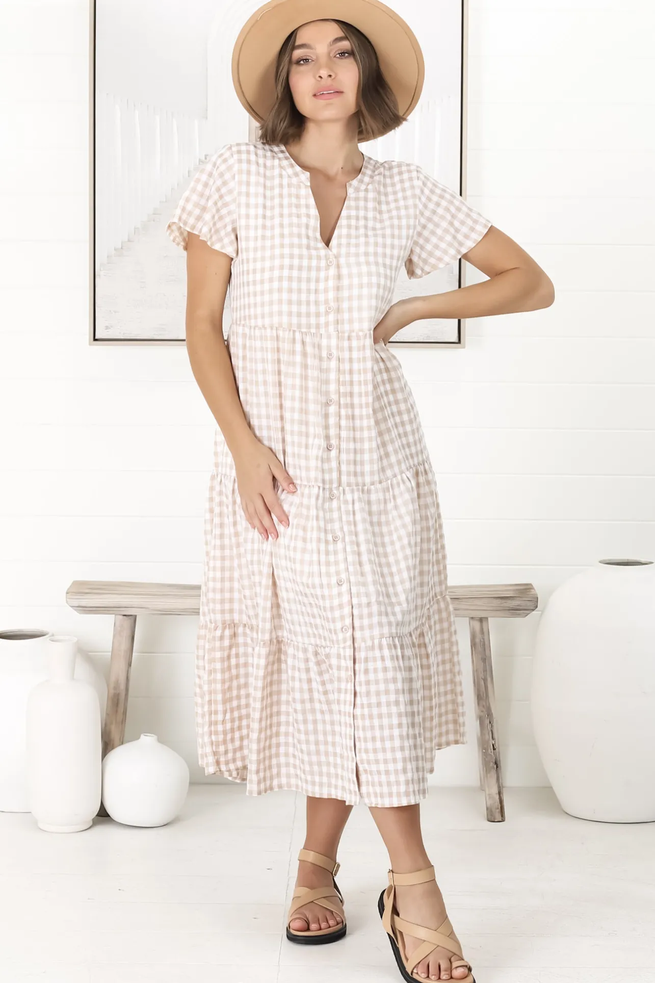 Milla Midi Dress - Tiered Button Down Dress in Gingham Mistee Print Beige>Salty Crush Hot