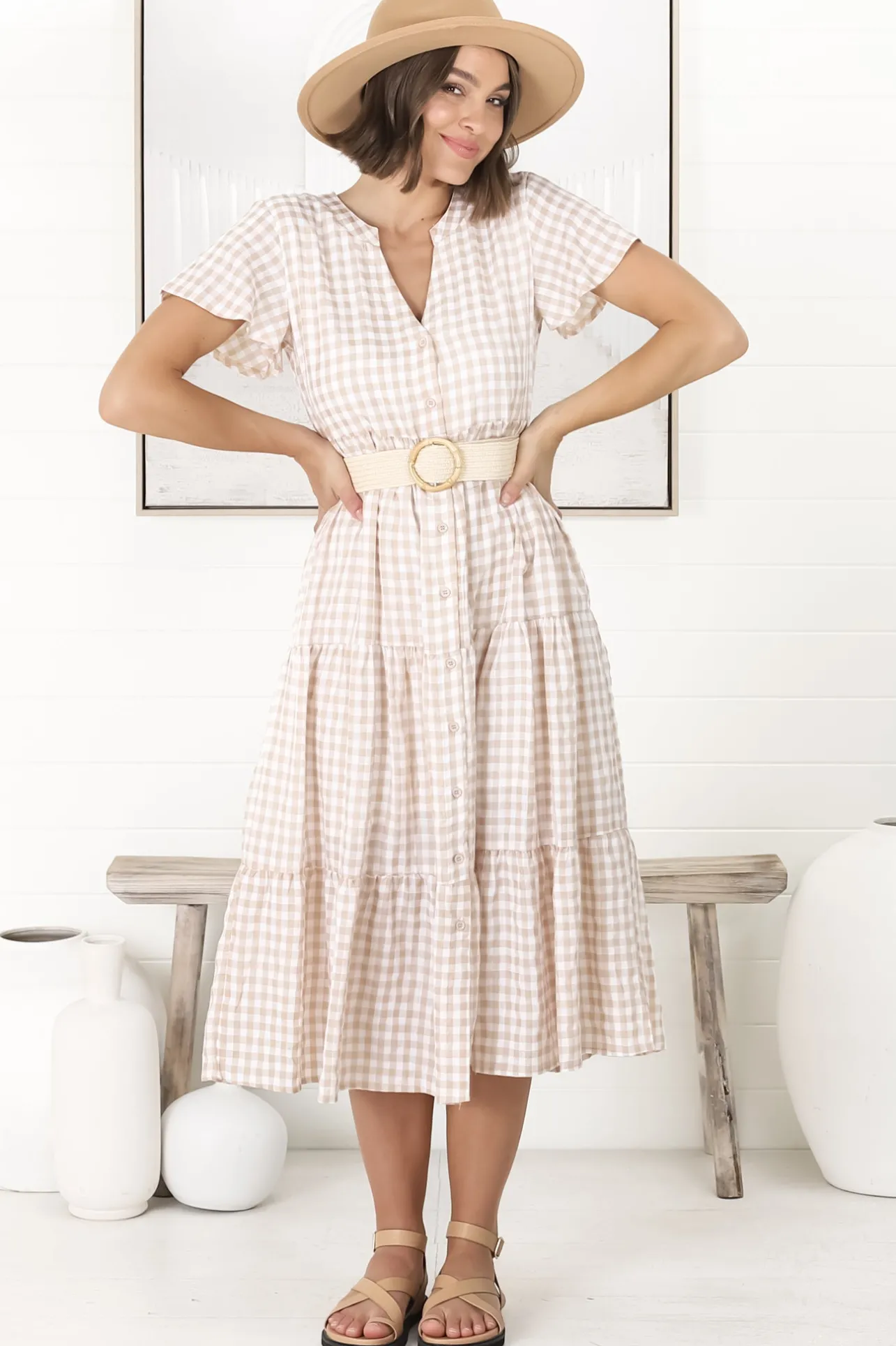 Milla Midi Dress - Tiered Button Down Dress in Gingham Mistee Print Beige>Salty Crush Hot