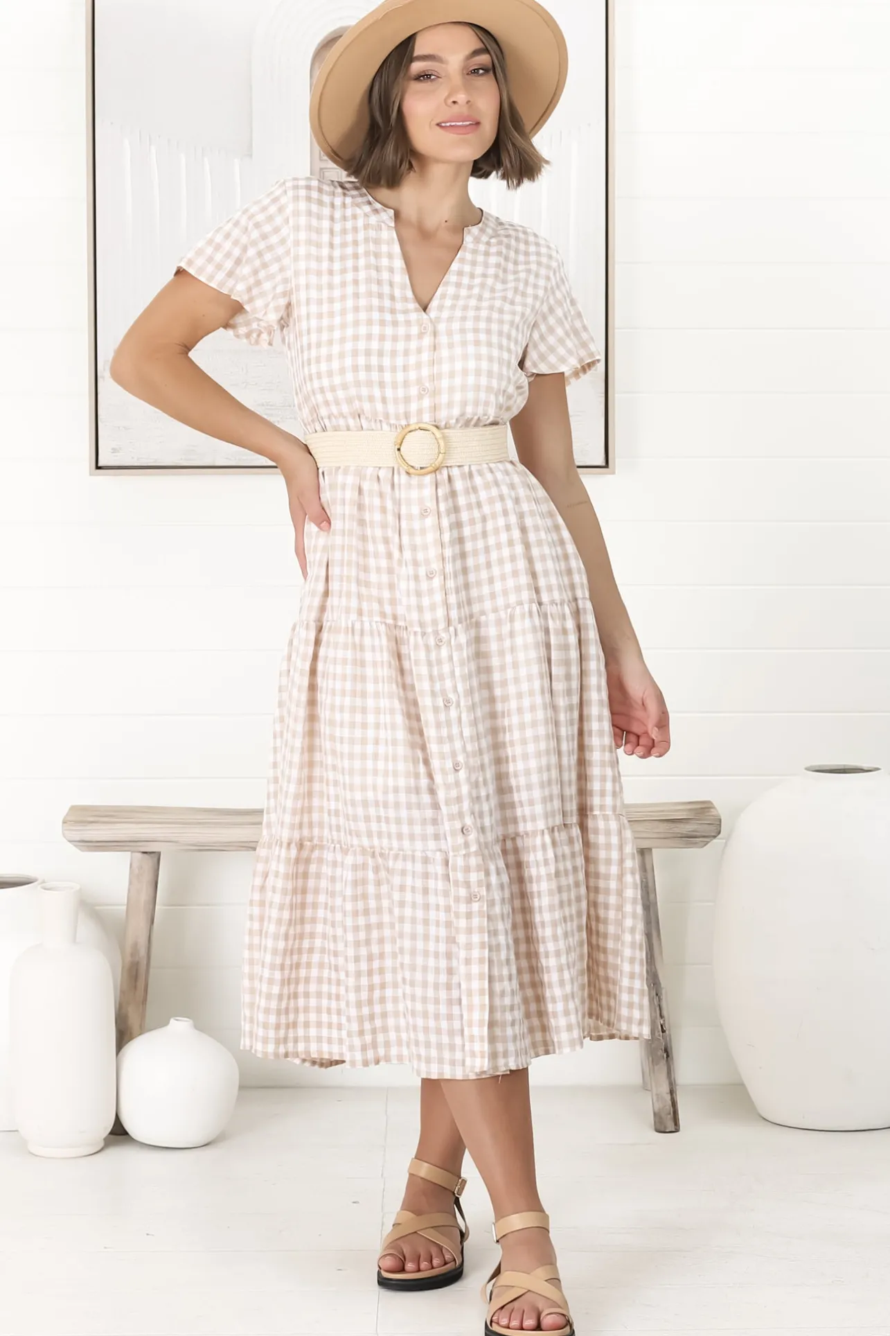 Milla Midi Dress - Tiered Button Down Dress in Gingham Mistee Print Beige>Salty Crush Hot