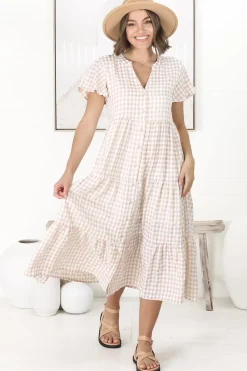 Milla Midi Dress - Tiered Button Down Dress in Gingham Mistee Print Beige><noscript><img width=
