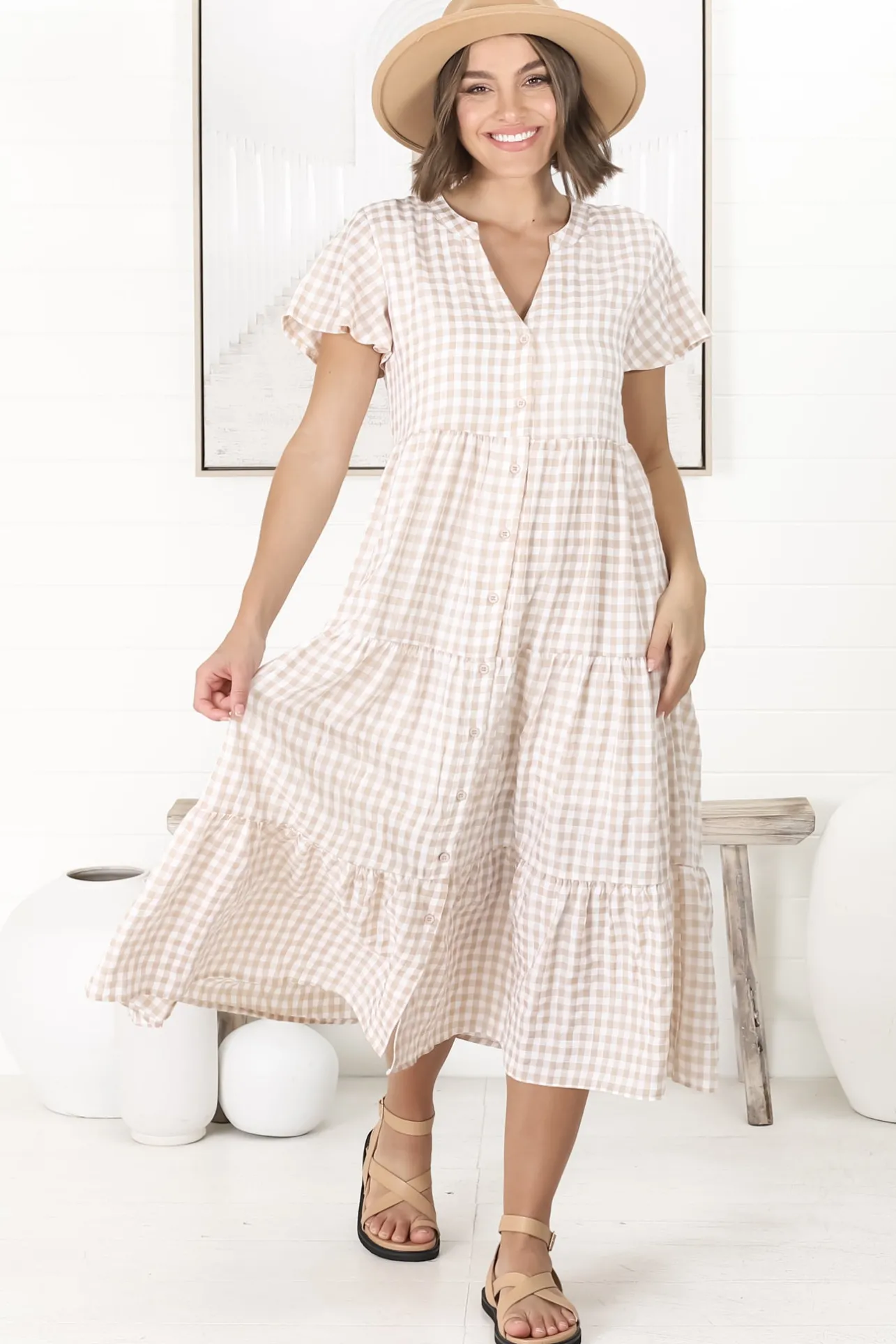 Milla Midi Dress - Tiered Button Down Dress in Gingham Mistee Print Beige>Salty Crush Hot