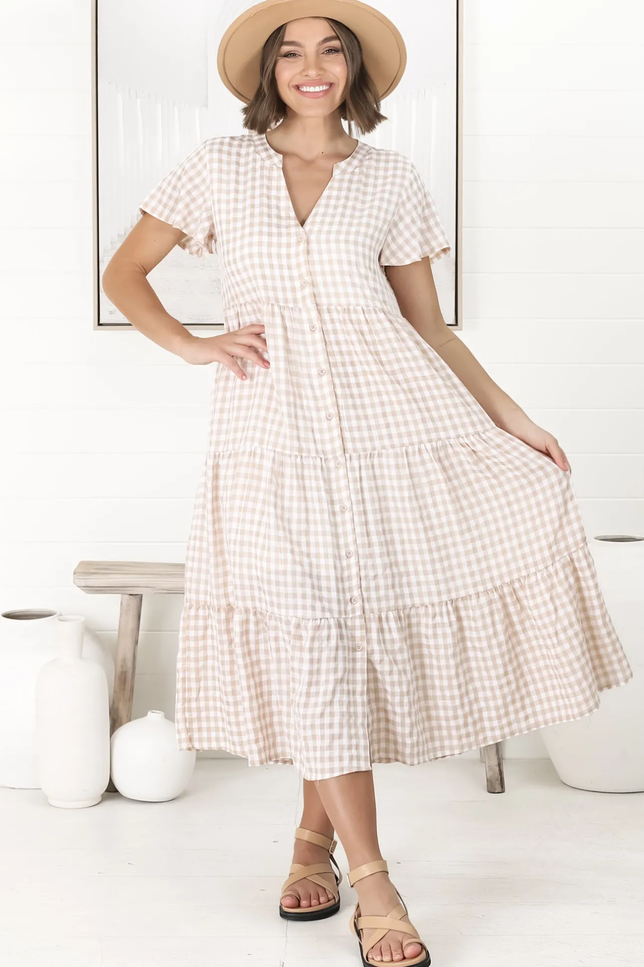 Milla Midi Dress - Tiered Button Down Dress in Gingham Mistee Print Beige>Salty Crush Hot