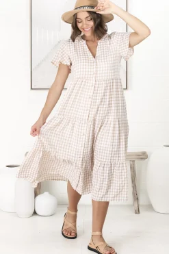 Milla Midi Dress - Tiered Button Down Dress in Gingham Mistee Print Beige><noscript><img width=