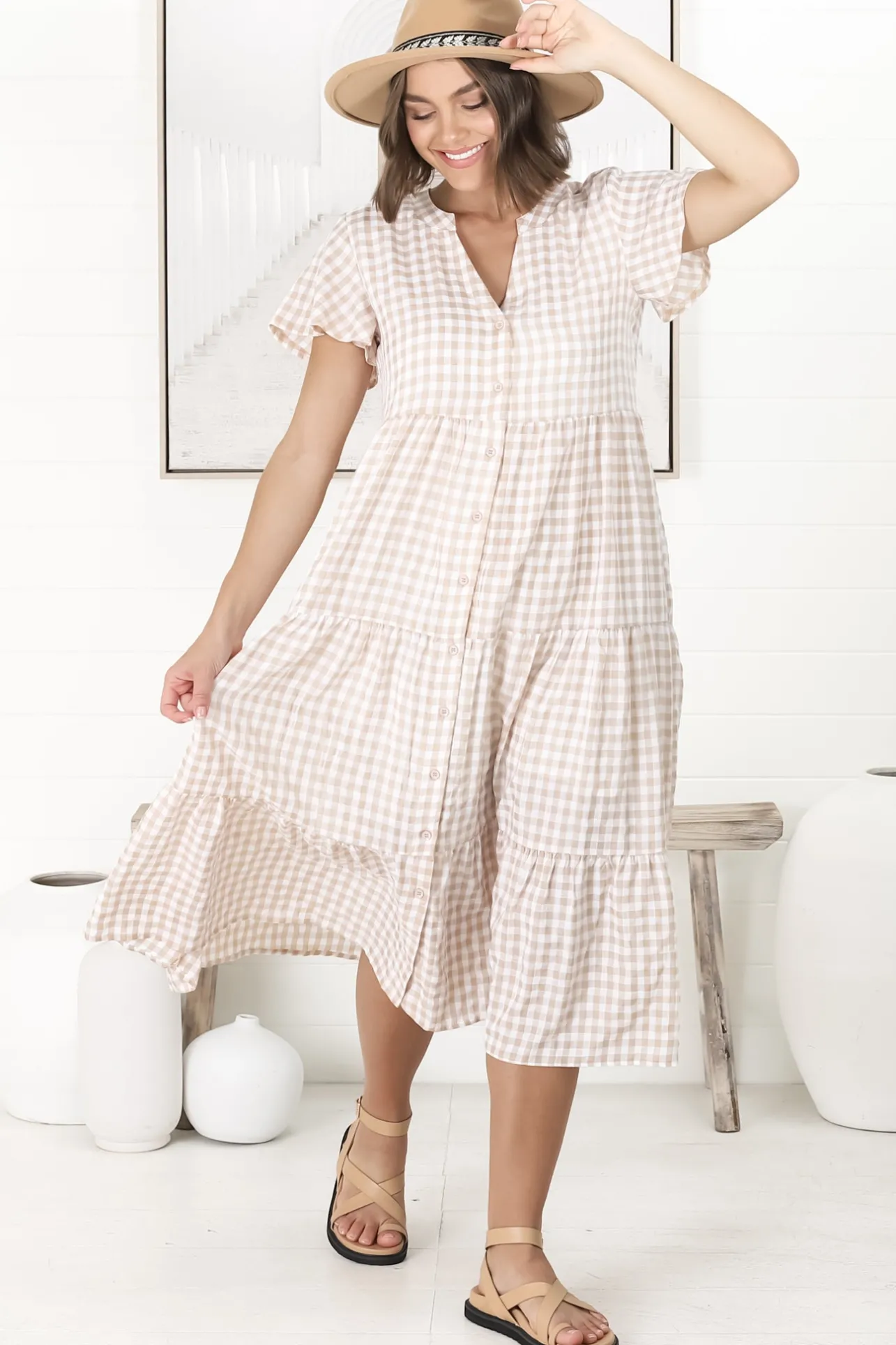 Milla Midi Dress - Tiered Button Down Dress in Gingham Mistee Print Beige>Salty Crush Hot