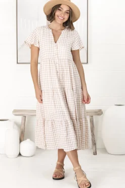 Milla Midi Dress - Tiered Button Down Dress in Gingham Mistee Print Beige><noscript><img width=