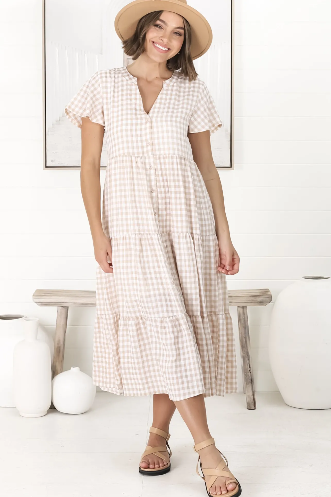 Milla Midi Dress - Tiered Button Down Dress in Gingham Mistee Print Beige>Salty Crush Hot