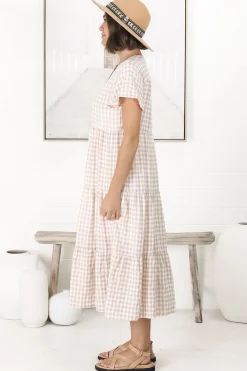 Milla Midi Dress - Tiered Button Down Dress in Gingham Mistee Print Beige><noscript><img width=