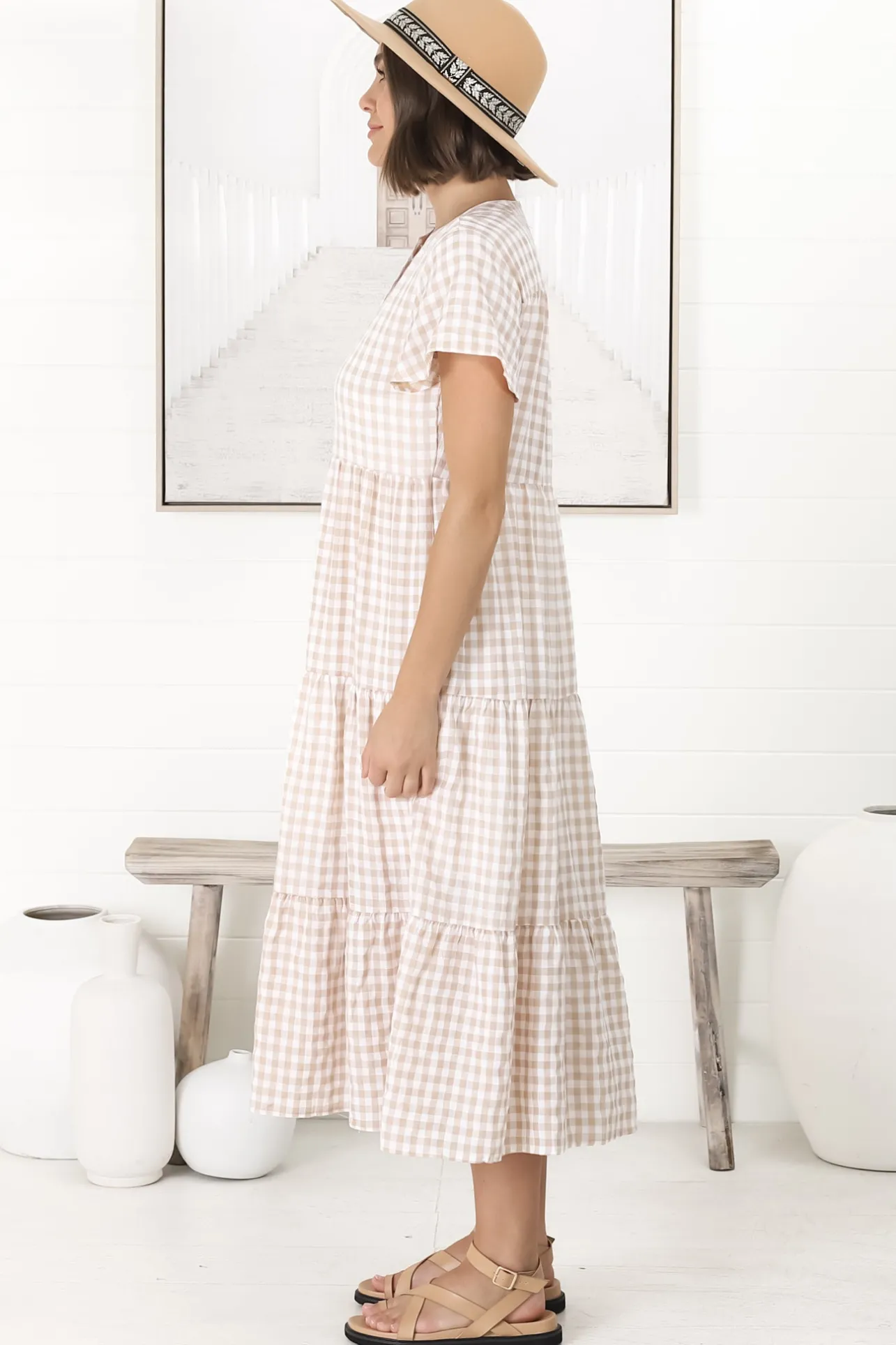 Milla Midi Dress - Tiered Button Down Dress in Gingham Mistee Print Beige>Salty Crush Hot