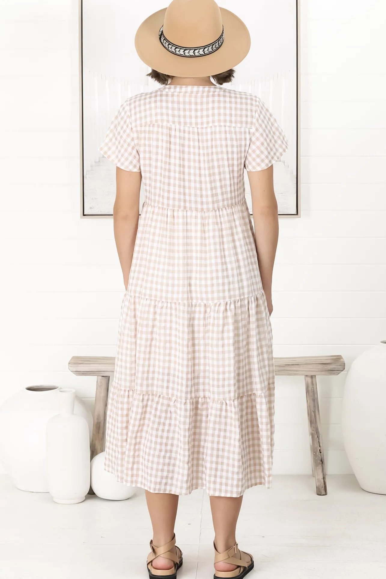 Milla Midi Dress - Tiered Button Down Dress in Gingham Mistee Print Beige>Salty Crush Hot