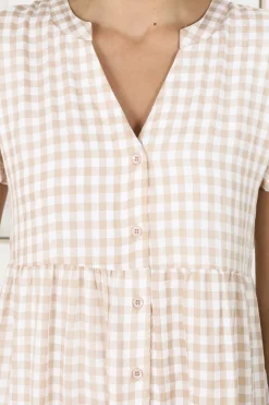 Milla Midi Dress - Tiered Button Down Dress in Gingham Mistee Print Beige><noscript><img width=