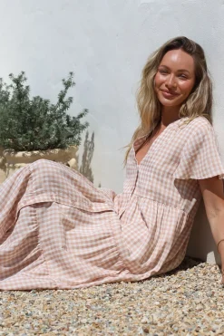 Milla Midi Dress - Tiered Button Down Dress in Gingham Mistee Print Beige><noscript><img width=