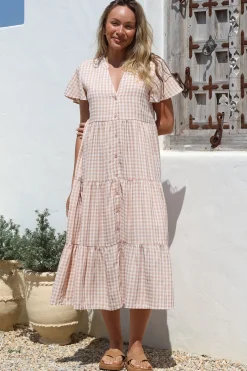 Milla Midi Dress - Tiered Button Down Dress in Gingham Mistee Print Beige><noscript><img width=