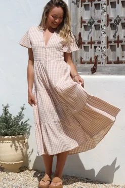 Milla Midi Dress - Tiered Button Down Dress in Gingham Mistee Print Beige><noscript><img width=