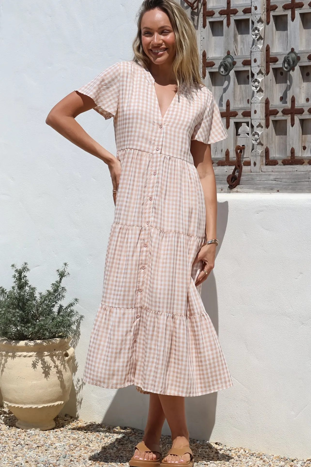 Milla Midi Dress - Tiered Button Down Dress in Gingham Mistee Print Beige>Salty Crush Hot
