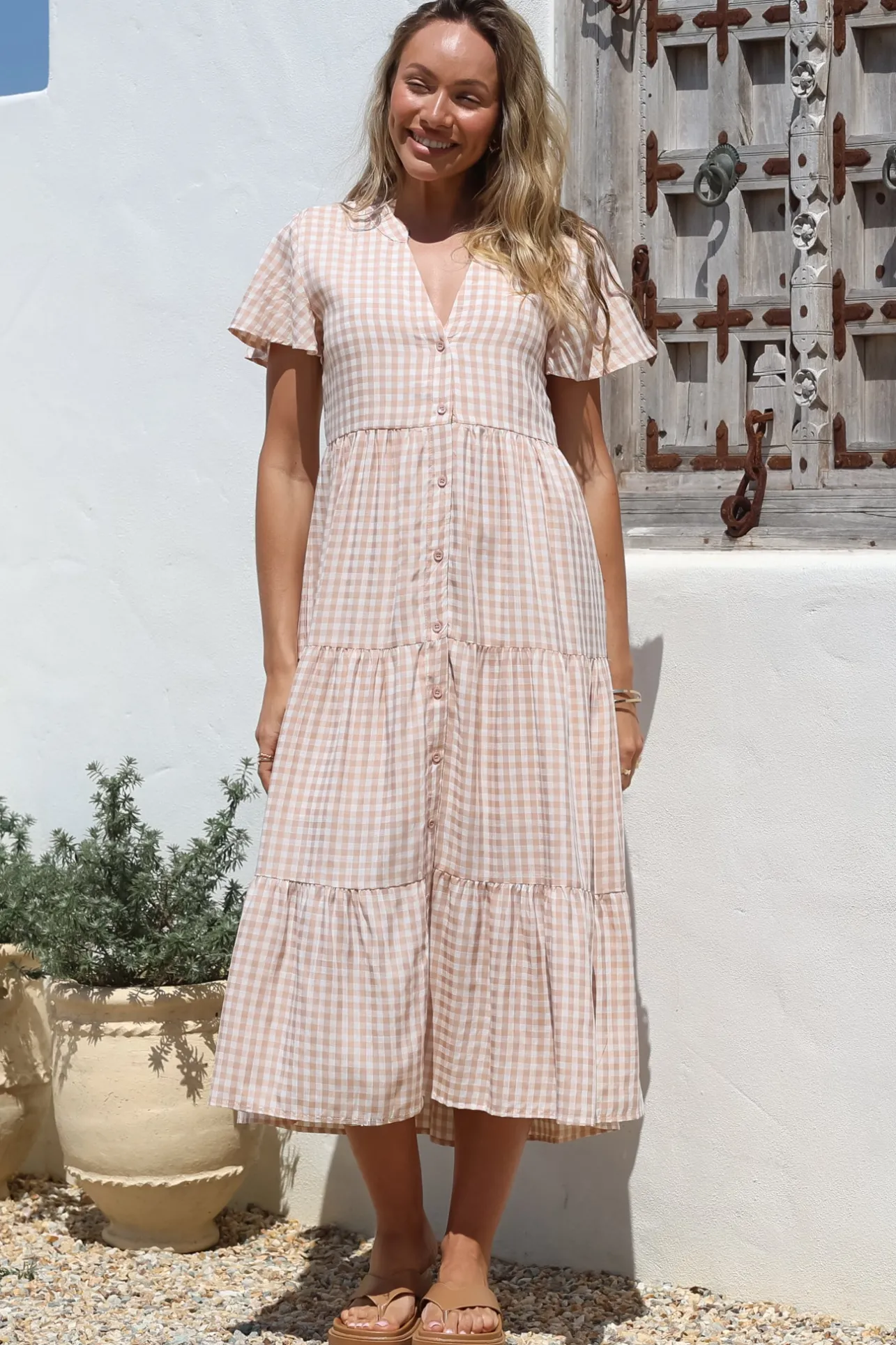Milla Midi Dress - Tiered Button Down Dress in Gingham Mistee Print Beige>Salty Crush Hot