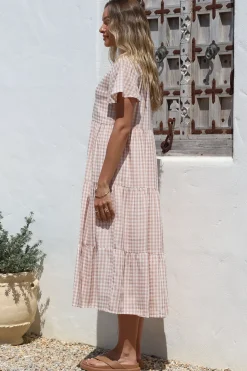 Milla Midi Dress - Tiered Button Down Dress in Gingham Mistee Print Beige><noscript><img width=