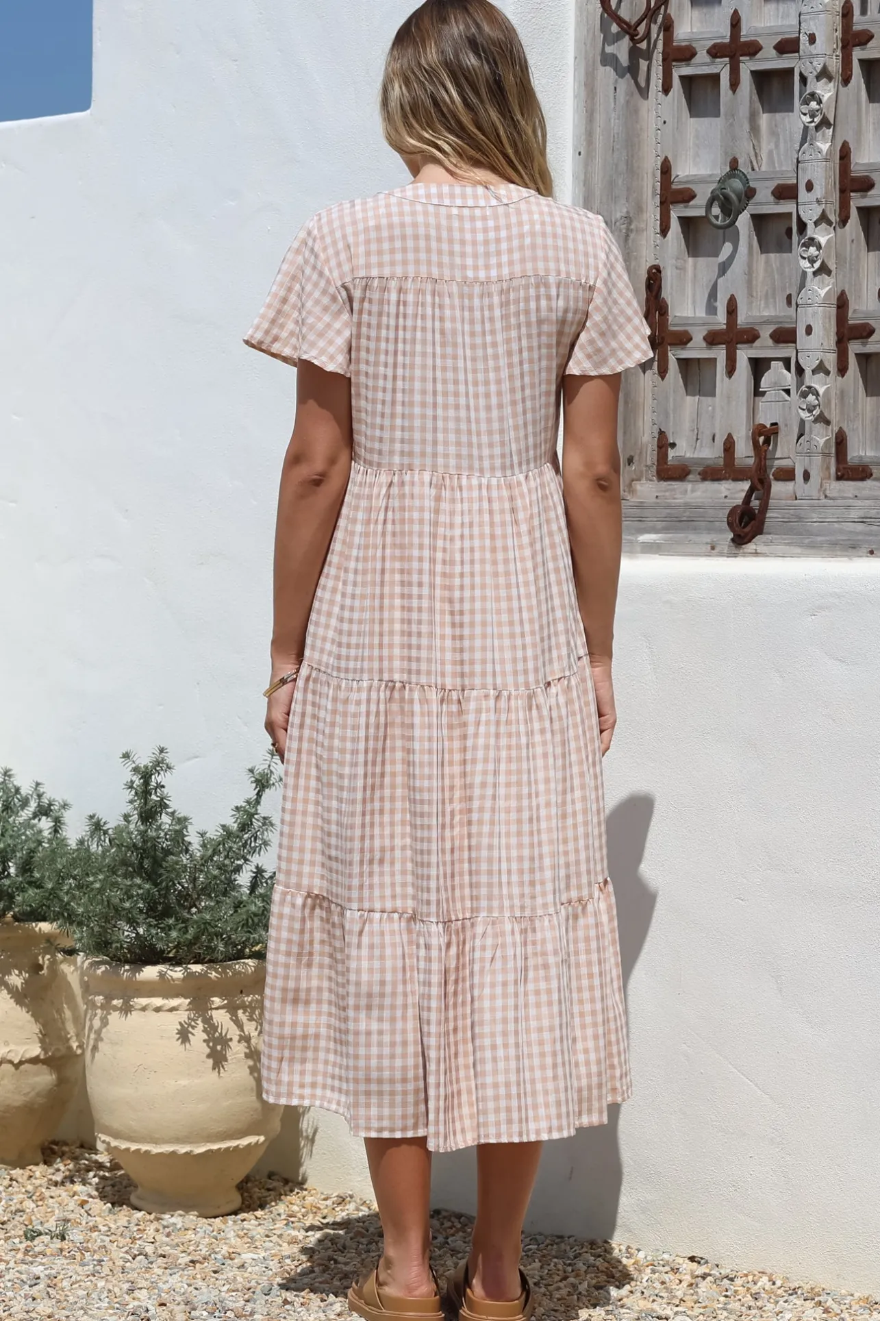 Milla Midi Dress - Tiered Button Down Dress in Gingham Mistee Print Beige>Salty Crush Hot