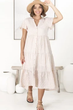 Milla Midi Dress - Tiered Button Down Dress in Gingham Mistee Print Beige><noscript><img width=