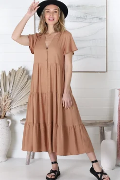 Milla Midi Dress - Tiered Cap Sleeve Button Down Linen Dress in Tan>Salty Crush Best