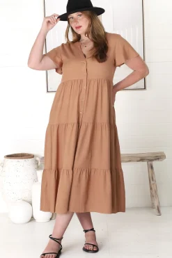 Milla Midi Dress - Tiered Cap Sleeve Button Down Linen Dress in Tan>Salty Crush Best