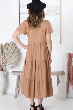 Milla Midi Dress - Tiered Cap Sleeve Button Down Linen Dress in Tan><noscript><img width=