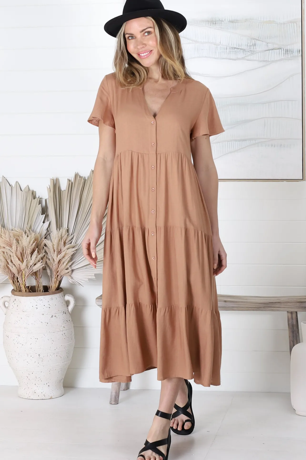 Milla Midi Dress - Tiered Cap Sleeve Button Down Linen Dress in Tan>Salty Crush Best