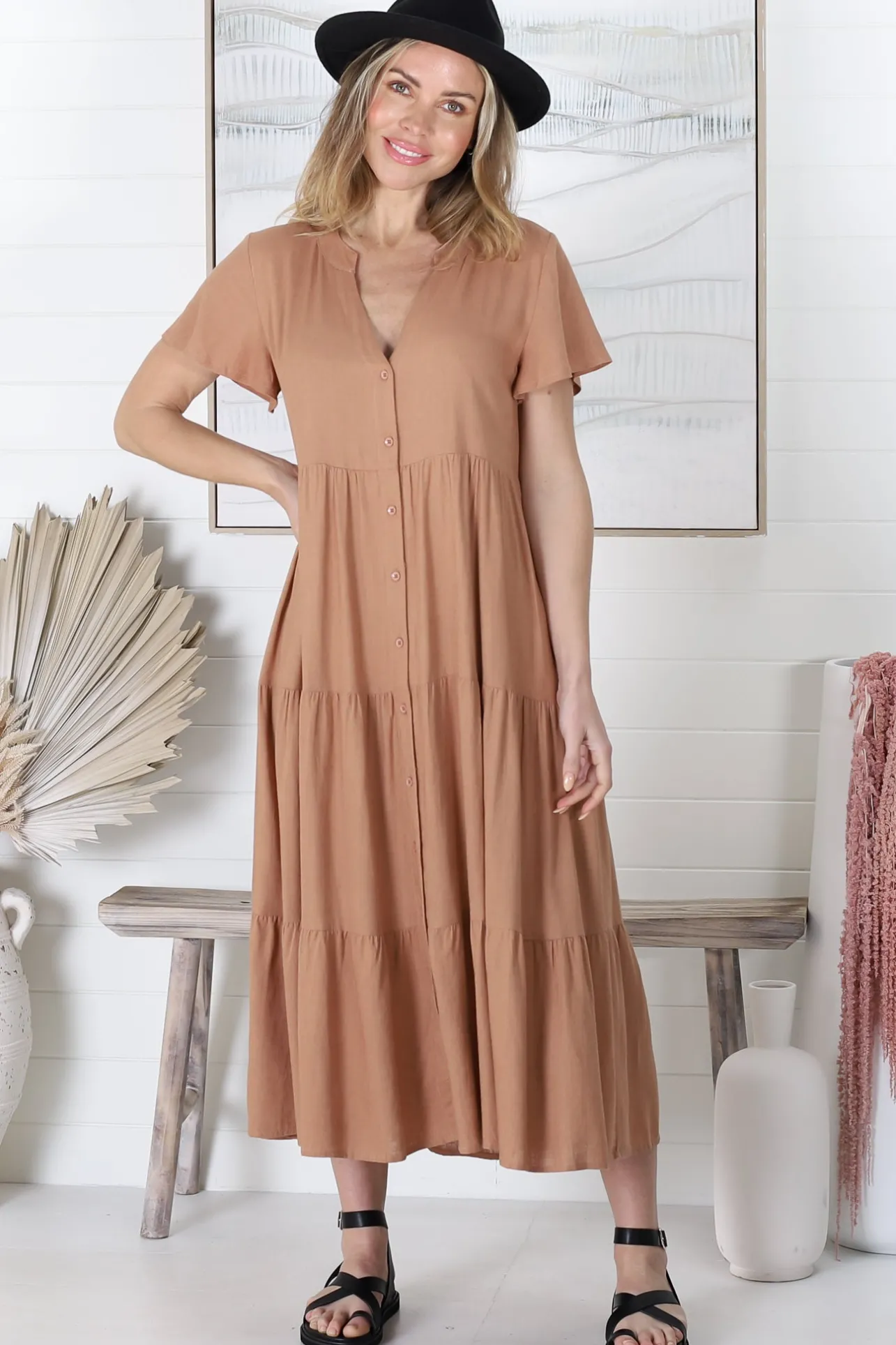 Milla Midi Dress - Tiered Cap Sleeve Button Down Linen Dress in Tan>Salty Crush Best