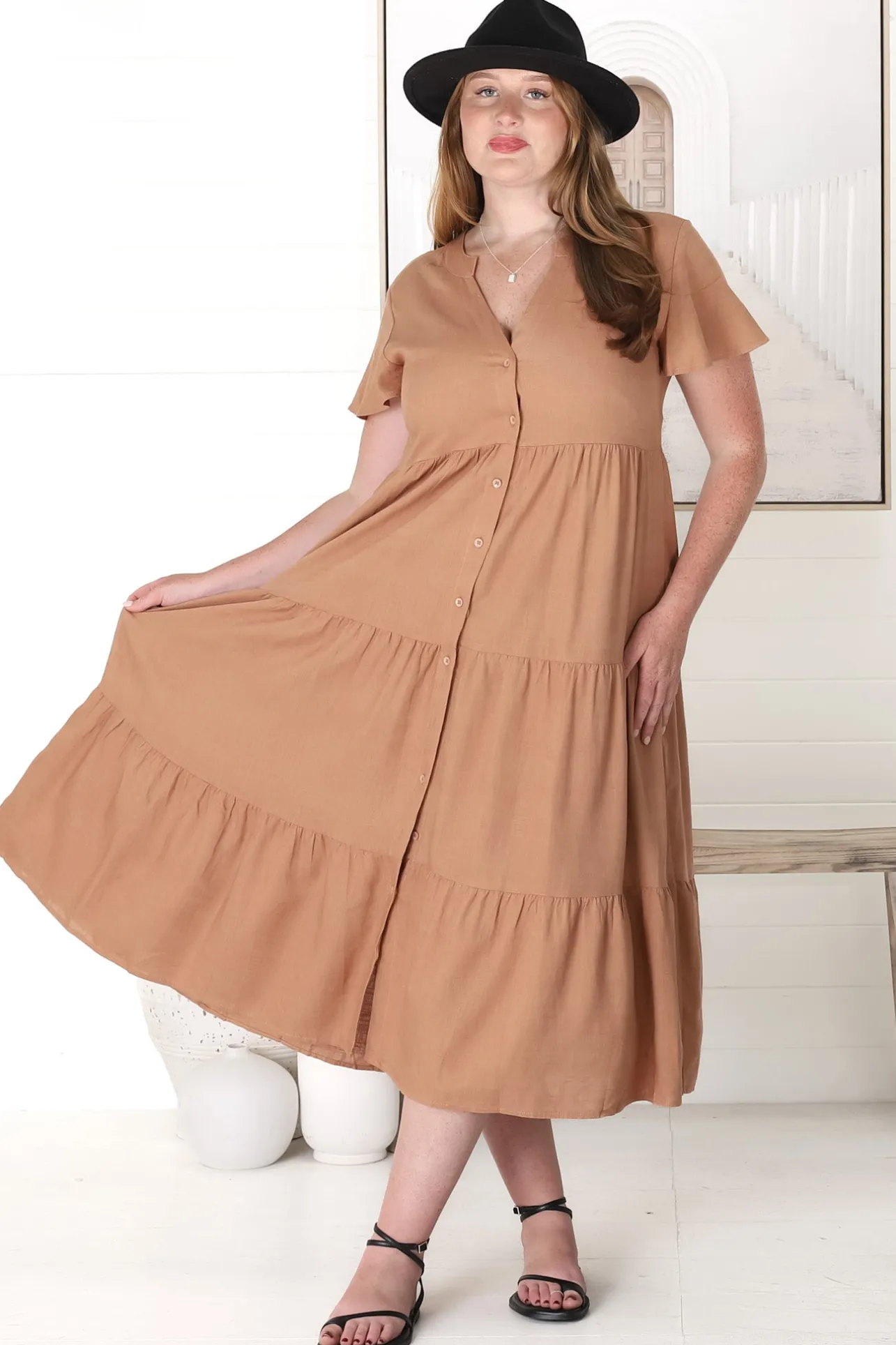 Milla Midi Dress - Tiered Cap Sleeve Button Down Linen Dress in Tan>Salty Crush Best