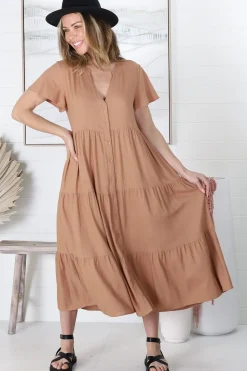 Milla Midi Dress - Tiered Cap Sleeve Button Down Linen Dress in Tan><noscript><img width=