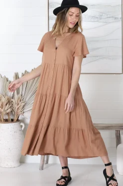 Milla Midi Dress - Tiered Cap Sleeve Button Down Linen Dress in Tan><noscript><img width=