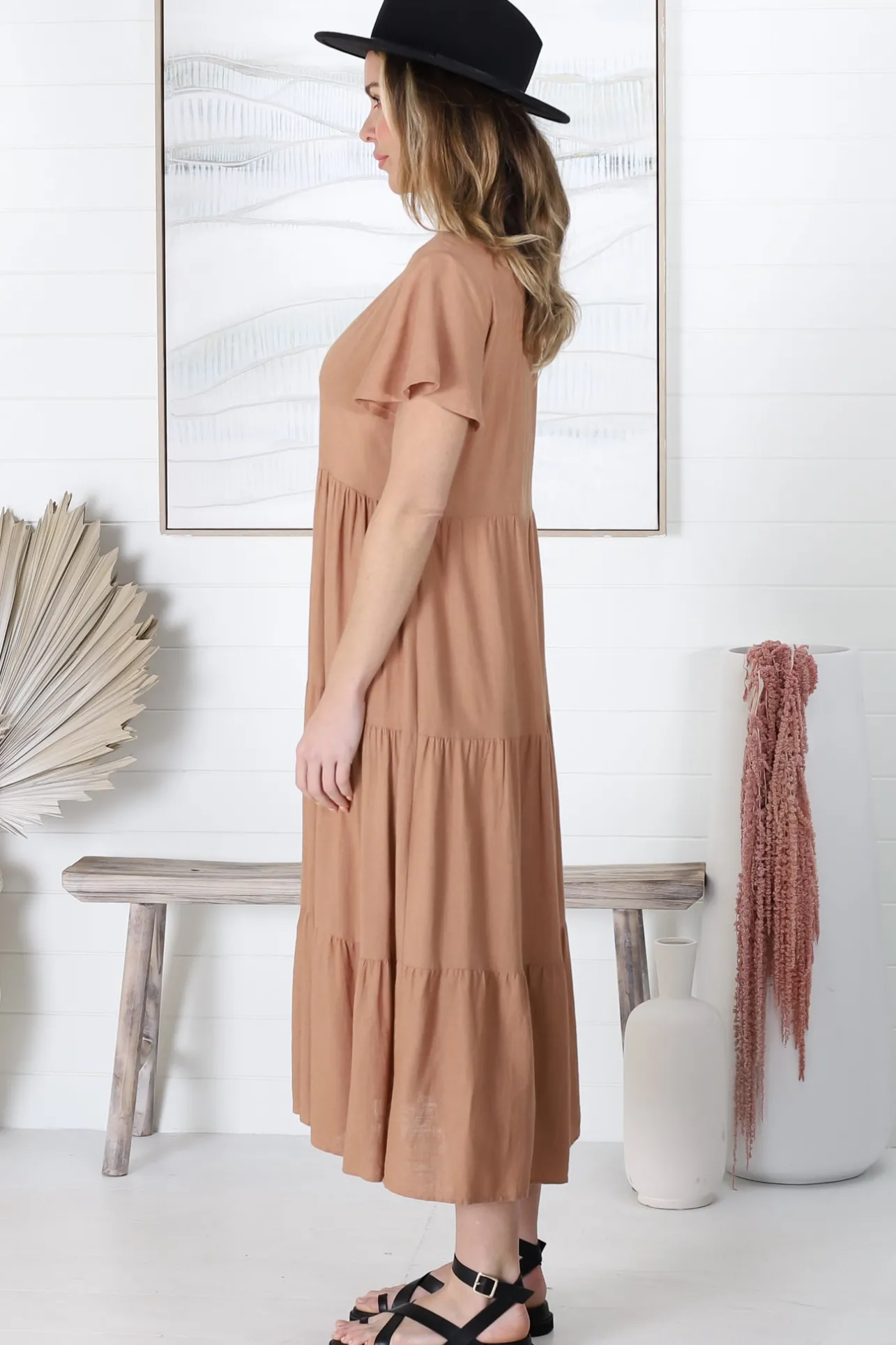 Milla Midi Dress - Tiered Cap Sleeve Button Down Linen Dress in Tan>Salty Crush Best