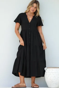 Milla Midi Dress - Tiered Cap Sleeve Button Down Linen Dress in Black>Salty Crush Best