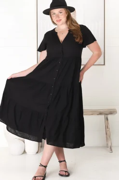 Milla Midi Dress - Tiered Cap Sleeve Button Down Linen Dress in Black><noscript><img width=