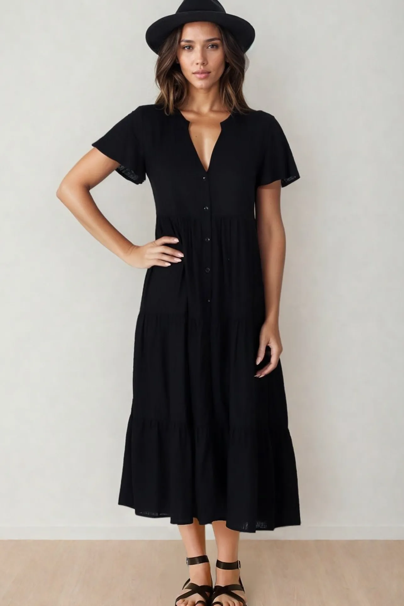 Milla Midi Dress - Tiered Cap Sleeve Button Down Linen Dress in Black>Salty Crush Best