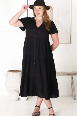 Milla Midi Dress - Tiered Cap Sleeve Button Down Linen Dress in Black><noscript><img width=