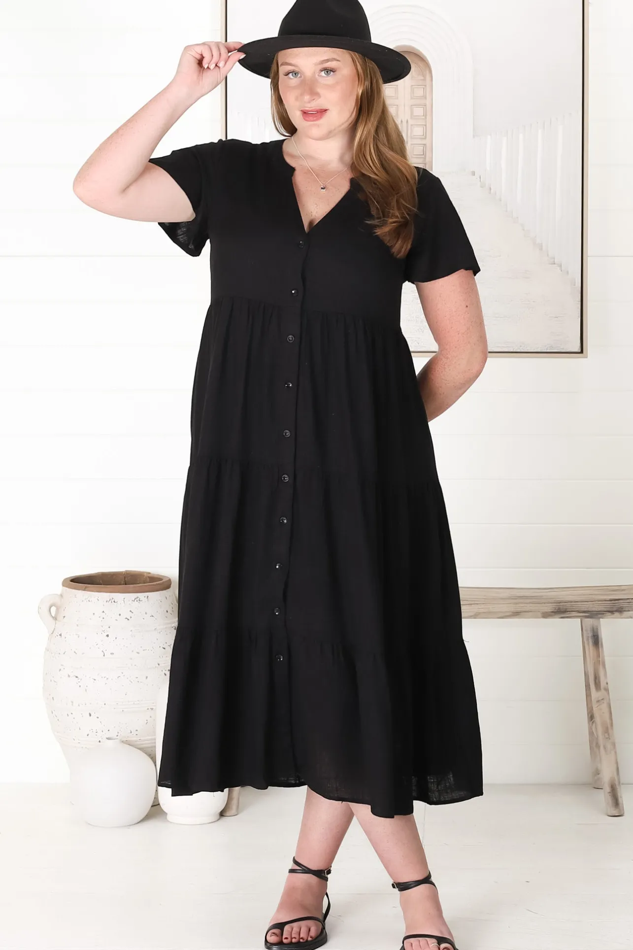 Milla Midi Dress - Tiered Cap Sleeve Button Down Linen Dress in Black>Salty Crush Best