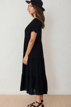 Milla Midi Dress - Tiered Cap Sleeve Button Down Linen Dress in Black><noscript><img width=